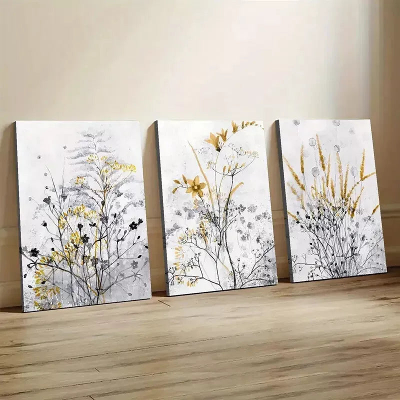 3pcsGrey Wildflowers and Weeds Wall Art Set Canvas Framed 50x70cm - High Quality Print 100% Australian Made Wall Canvas Ready to Hang