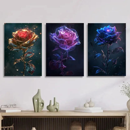 3pcs fantasy rose art, gold, purple, blue Metal Print Ready to Hang Art