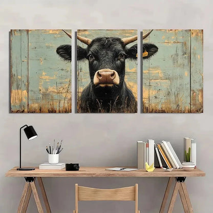 3pcs Playful Rustic Cow Vintage Blue Wall Art Set Canvas Framed 60x90cm - High Quality Print 100% Australian Made Wall Canvas Ready to Hang