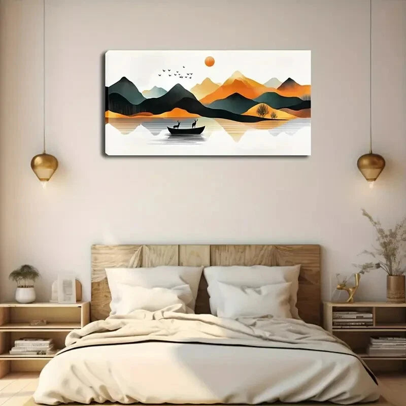 Lake Scene Boat Serene Mountain Wall Art Canvas Office Home Room Framed 120x60cm - Bella Home Decor