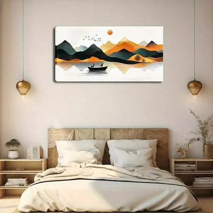 Lake Scene Boat Serene Mountain Wall Art Canvas Office Home Room Framed 120x60cm - Bella Home Decor