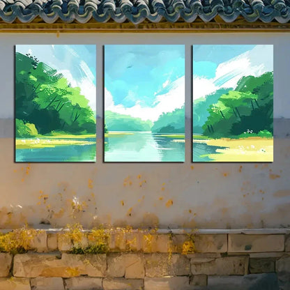 3pcs Modern Abstract Blue Lake Scenery Metal Print Ready to Hang Art