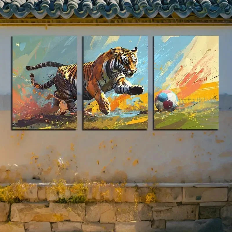 3pcs Vibrant Tiger Playing Soccer Modern Design Metal Print Ready to Hang Art - Bella Home Decor