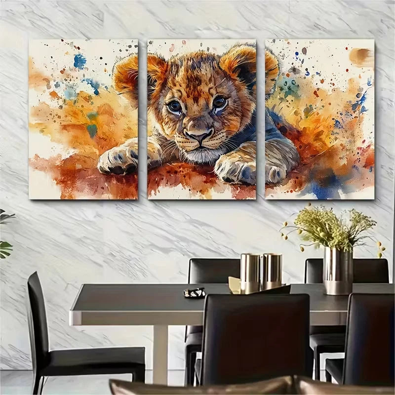 3pcs Lion Cub Watercolor Metal Print Ready to Hang Art