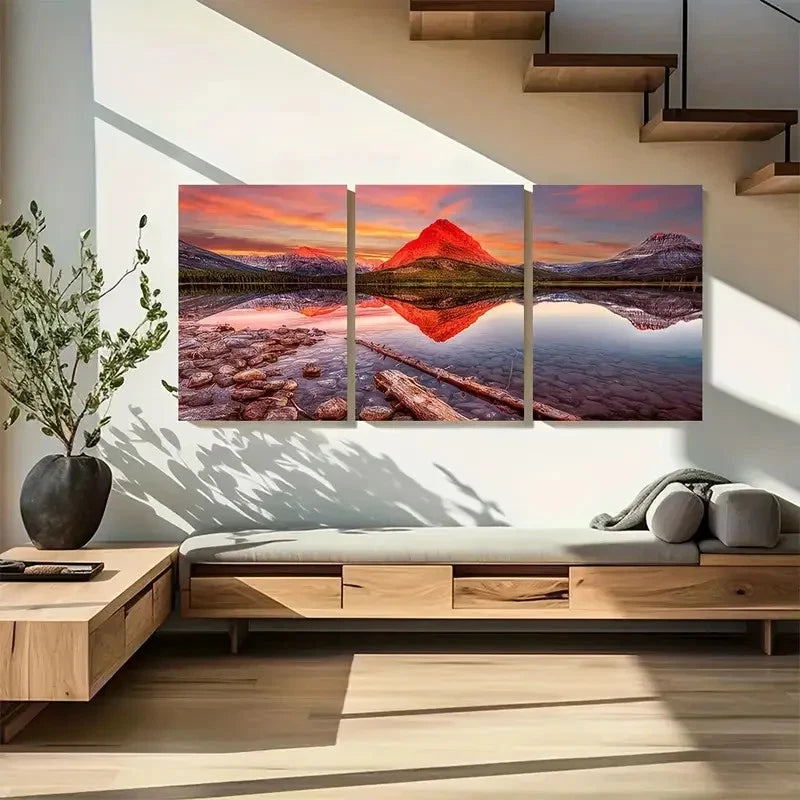 3pcs Dawn - Swiftcurrent Lake Metal Print Ready to Hang Art - Bella Home Decor