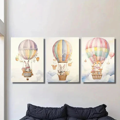 3pcs Cartoon Hot Air Balloon Baby Arctic Hare Wall Art Set Canvas Unframed - High Quality Print 100% Australian Made Wall Canvas - Bella Home Decor