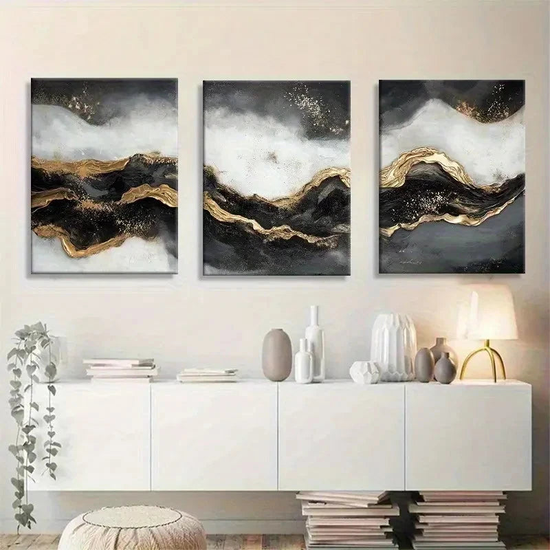 3pcs Abstract Golden and Black Wave Flowing Design Metal Print Ready to Hang Art - Bella Home Decor