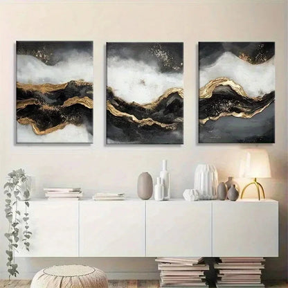 3pcs Abstract Golden and Black Wave Flowing Design Metal Print Ready to Hang Art - Bella Home Decor