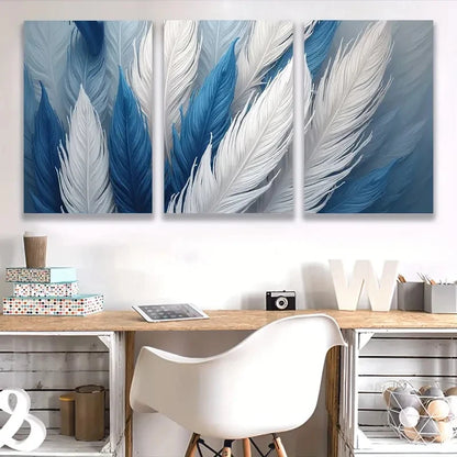 3pcs Blue White Plumage Feather Design  Wall Art Set Canvas Framed 50x70cm - High Quality Print 100% Australian Made Wall Canvas Ready to Hang - Bella Home Decor