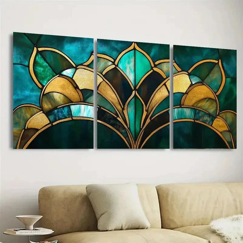 3pcs Stained Glass Art Deco Emerald Green Wall Art Set Canvas Framed 60x90cm - High Quality Print 100% Australian Made Wall Canvas Ready to Hang