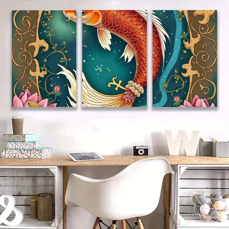 3pcs Vibrant Koi Fish & for Lotus Art Wall Art Set Canvas Framed 50x70cm - High Quality Print 100% Australian Made Wall Canvas Ready to Hang - Bella Home Decor