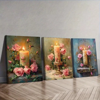3pcs Pink Roses & Candle Wall Art Canvas Unframed - High Quality Print 100% Australian Made Wall Canvas