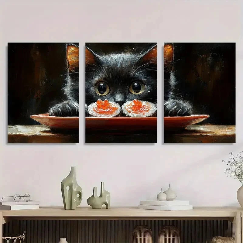 3pcs Charming Black Cat & Sushi Whimsical Metal Print Ready to Hang Art - Bella Home Decor