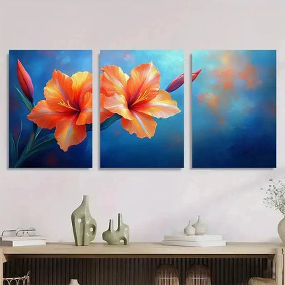 3pcs Vibrant Orange & Blue Floral Perfect Wall Art Set Canvas Framed 50x70cm - High Quality Print 100% Australian Made Wall Canvas Ready to Hang