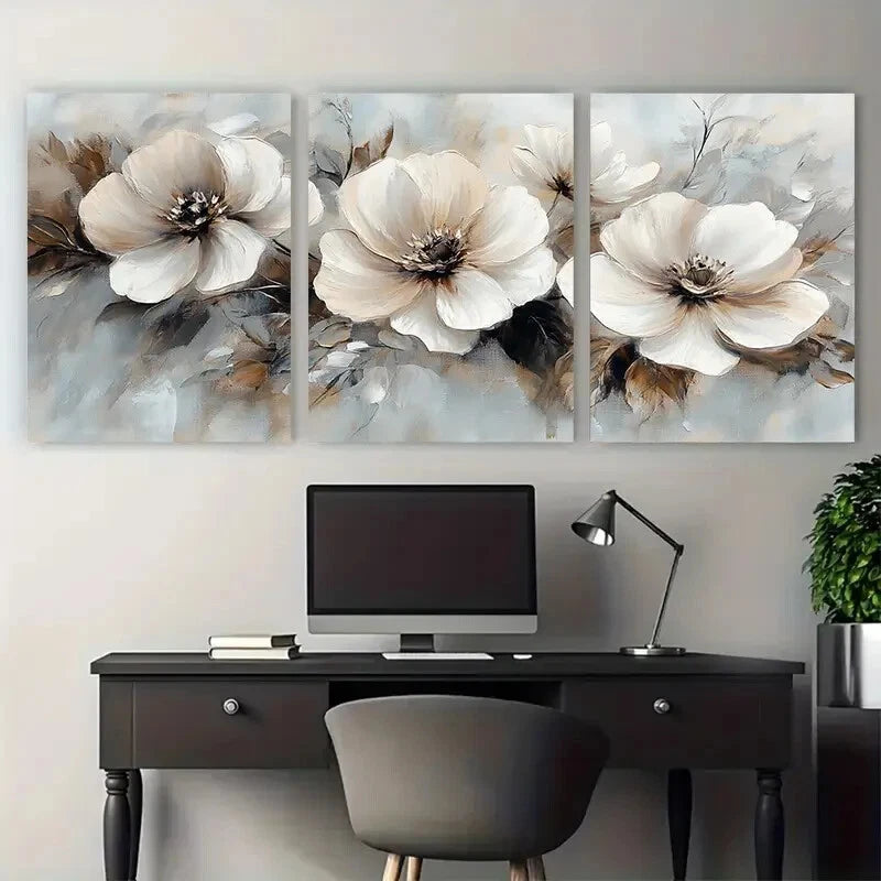 3pcs Romantic Blooms Neutral Tones Flower Metal Print Ready to Hang Art - Bella Home Decor