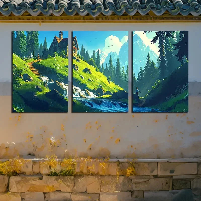 3pcs Majestic Nature Forest Hut Mountain Landscape Metal Print Ready to Hang Art - Bella Home Decor