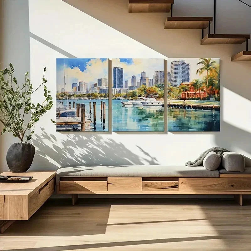 3pcs Vibrant Cityscape Marina Art with Yachts Metal Print Ready to Hang Art - Bella Home Decor