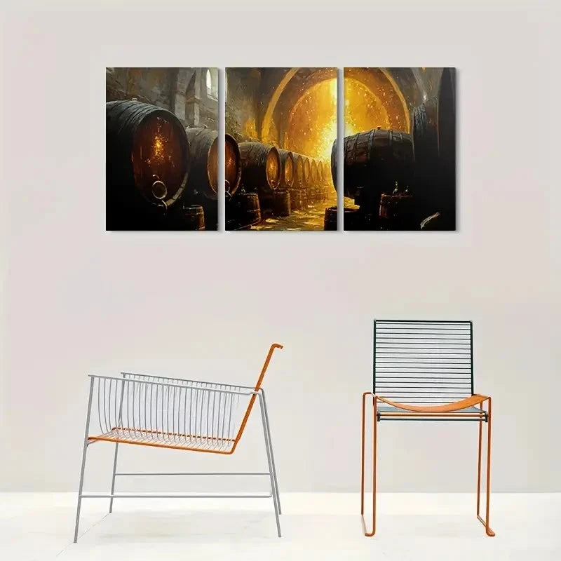 3pcs Golden Barrel Cave Vintage Style Metal Print Ready to Hang Art - Bella Home Decor