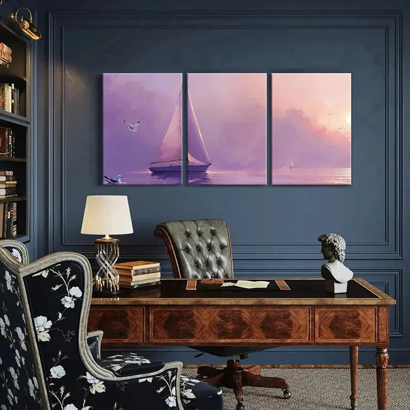 3pcs Sailing Boat Seagulls Sunset Ocean Metal Print Ready to Hang Art - Bella Home Decor