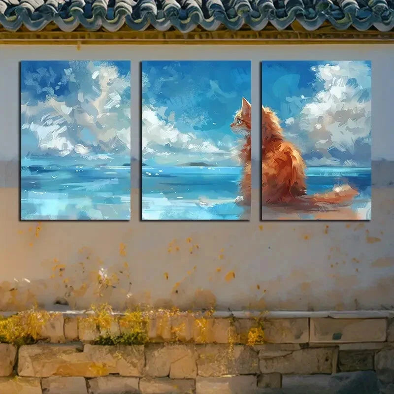 3pcs Calm Sea, Cotton-Like Clouds, and A Deep Blue Metal Print Ready to Hang Art - Bella Home Decor