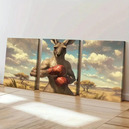 3pcs Australian Kangaroo Boxing Gloves Fantasy  Wall Art Set Canvas Framed 40x60cm - High Quality Print 100% Australian Made Wall Canvas Ready to Hang - Bella Home Decor