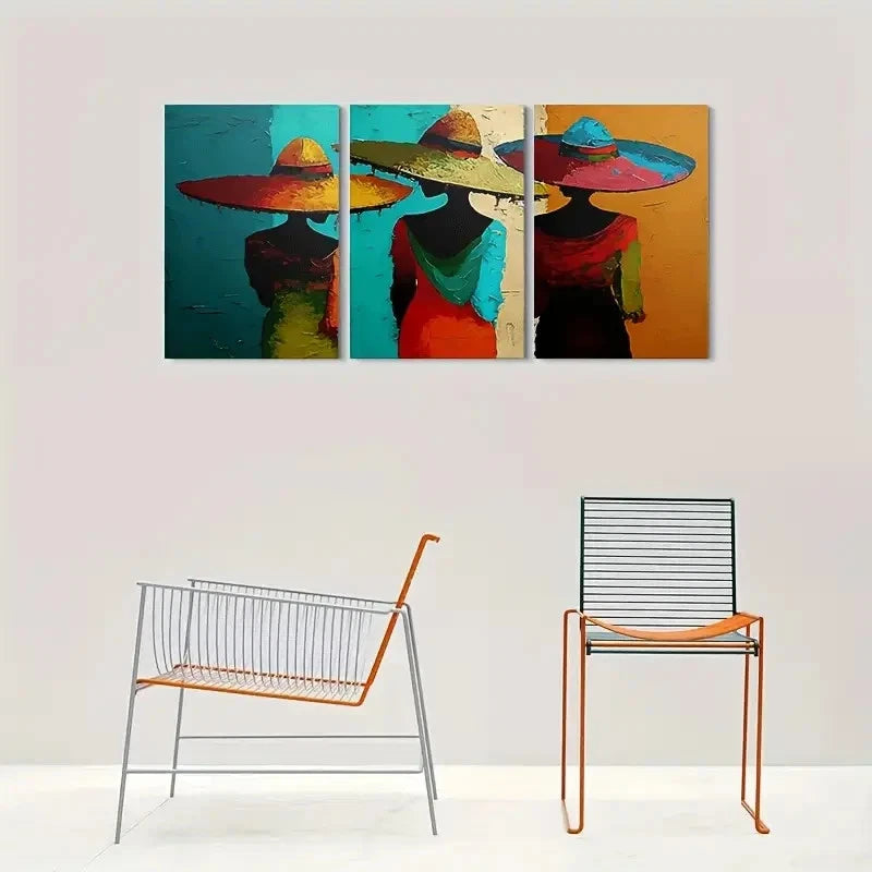 3pcs Women Hats Vibrant Teal Orange Yellow & Blue Metal Print Ready to Hang Art