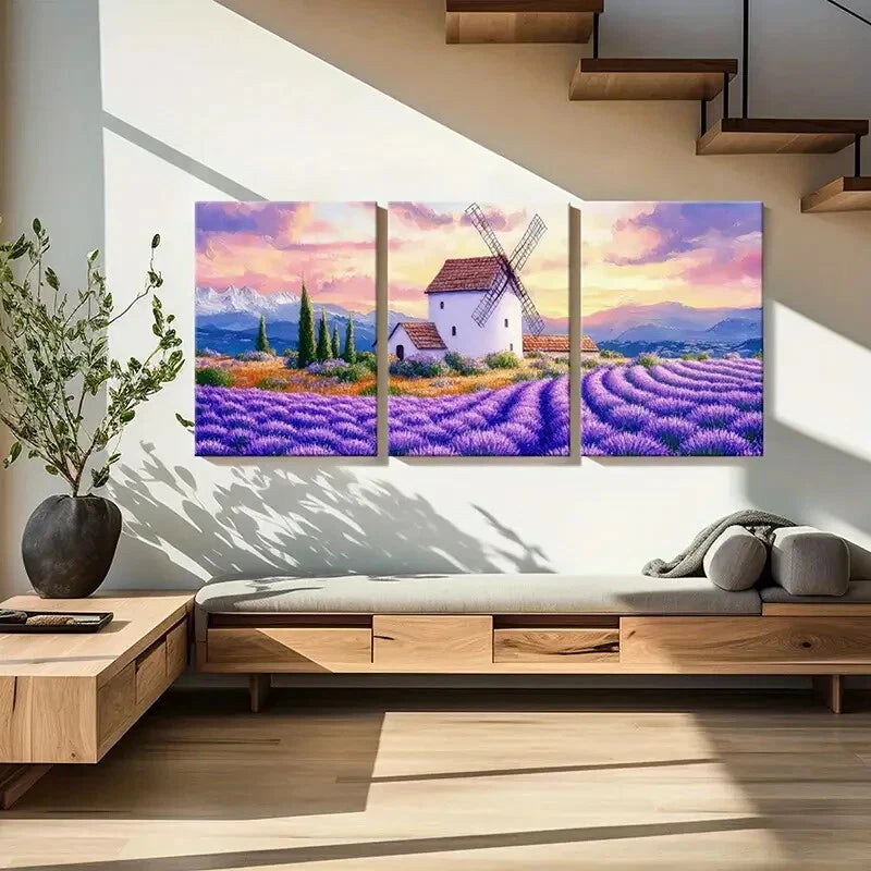 3pcs Lavender Field Windmill Landscape Metal Print Ready to Hang Art - Bella Home Decor
