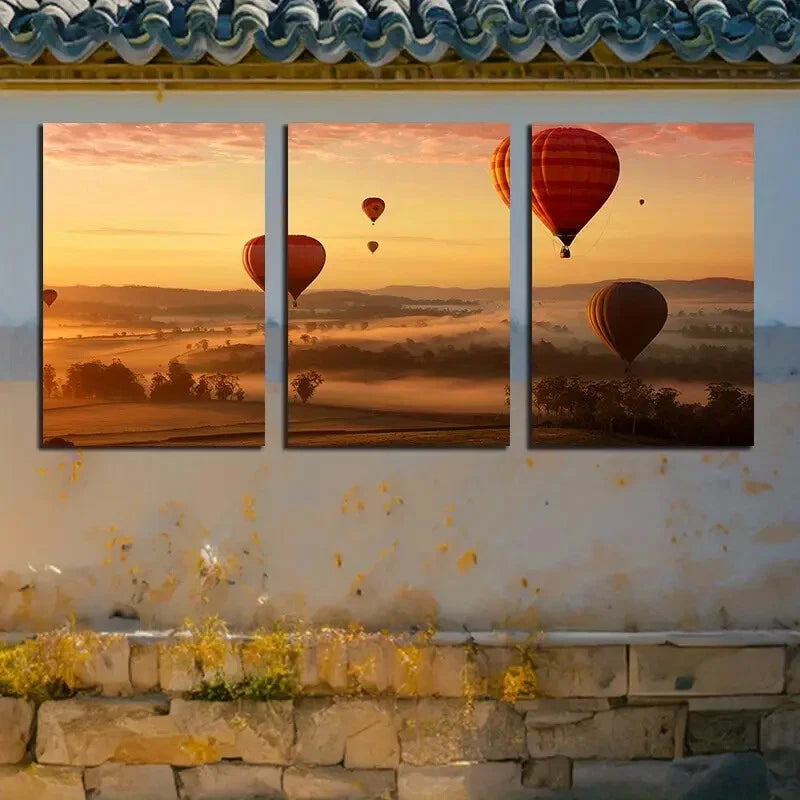 3pcs Vibrant Hot Air Balloon Sunset Scene Metal Print Ready to Hang Art - Bella Home Decor