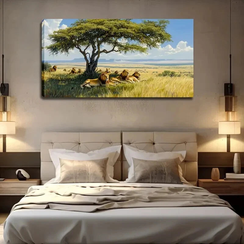 Majestic Lion Under Tree Modern Wall Art Canvas Office Home Room Framed 120x60cm - Bella Home Decor