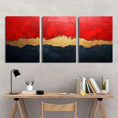 3pcs Abstract Red Beige & Black Textured Metal Print Ready to Hang Art - Bella Home Decor