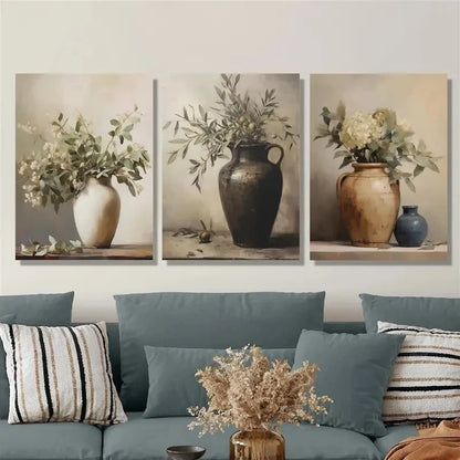 3pcs Painting of Still Life Vases and Branches Metal Print Ready to Hang Art - Bella Home Decor