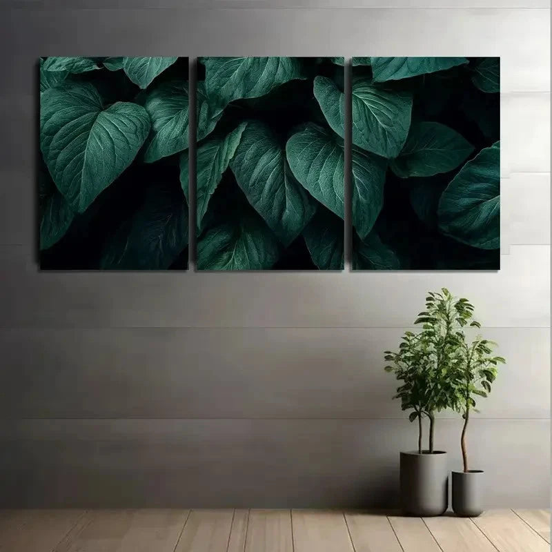 3pcs Botanical Leaf Art Paintings - Dark Green Metal Print Ready to Hang Art - Bella Home Decor