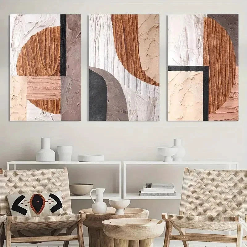 3pcs Neutral Abstract Oval Rectangular Painting Metal Print Ready to Hang Art - Bella Home Decor