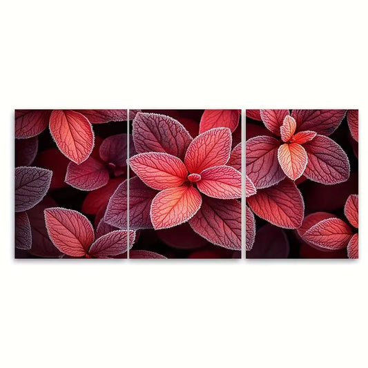 3pcs Frost Bitten Crimson Azalea Leaves Metal Print Ready to Hang Art