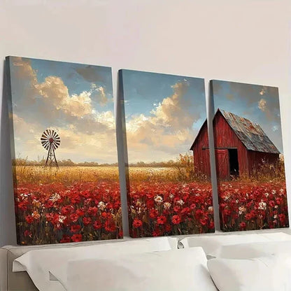 3pcs Field with Weathered Red Barn & Windmill Wall Art Canvas Unframed - High Quality Print 100% Australian Made Wall Canvas
