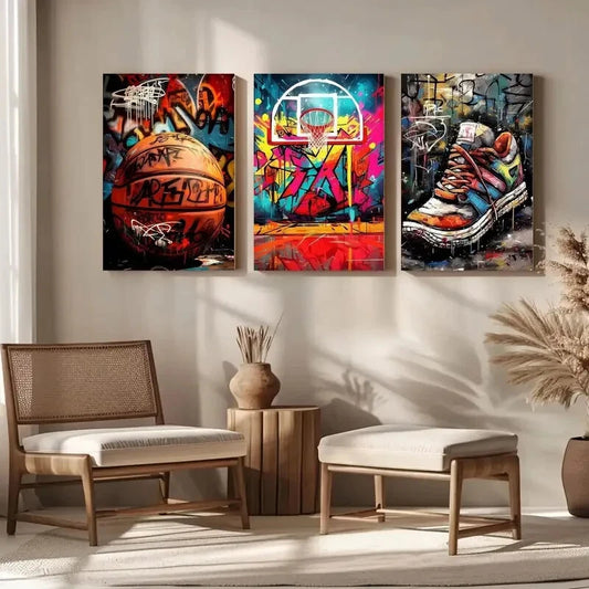 3pcs Colorful Basketball Graffiti Basketball Metal Print Ready to Hang Art