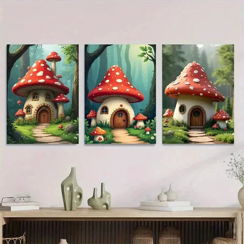 3pcs Mushroom House Triptych Forest Vibrant Wall Art Set Canvas Unframed - High Quality Print 100% Australian Made Wall Canvas