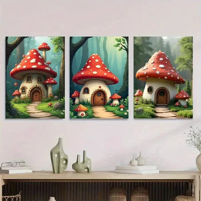 3pcs Mushroom House Triptych Forest Vibrant Wall Art Set Canvas Unframed - High Quality Print 100% Australian Made Wall Canvas