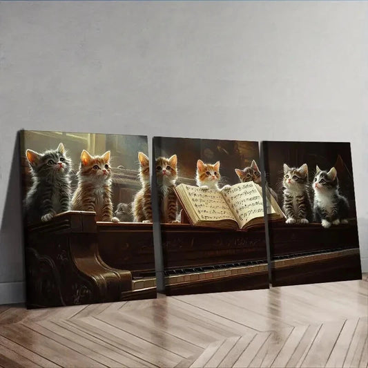3pcs Featuring a Cat on a Piano Wall Art Set Canvas Framed 50x70cm - High Quality Print 100% Australian Made Wall Canvas Ready to Hang