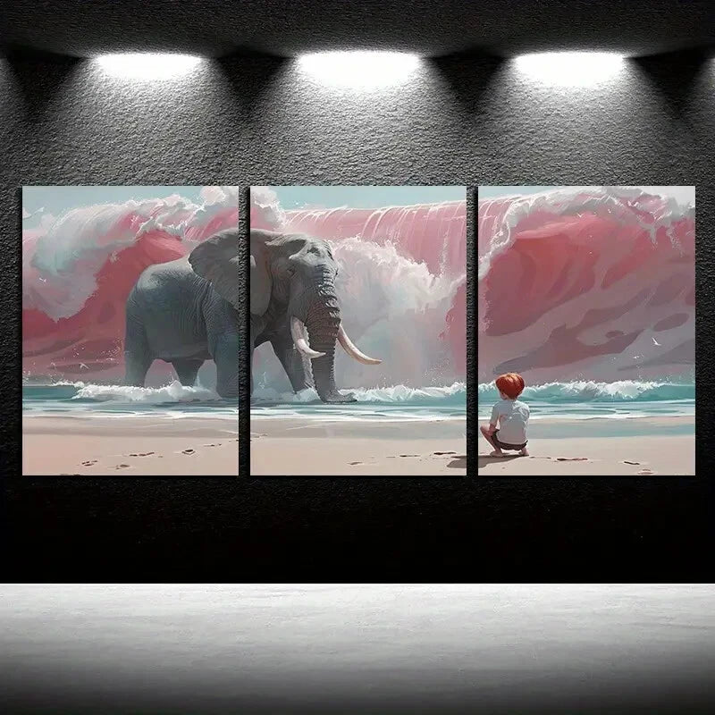 3pcs Vibrant Elephant Family Soft illustration Metal Print Ready to Hang Art