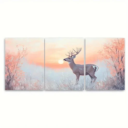 3pcs Graceful Deer under Soft Pastel Sunrise Wall Art Set Canvas Unframed - High Quality Print 100% Australian Made Wall Canvas