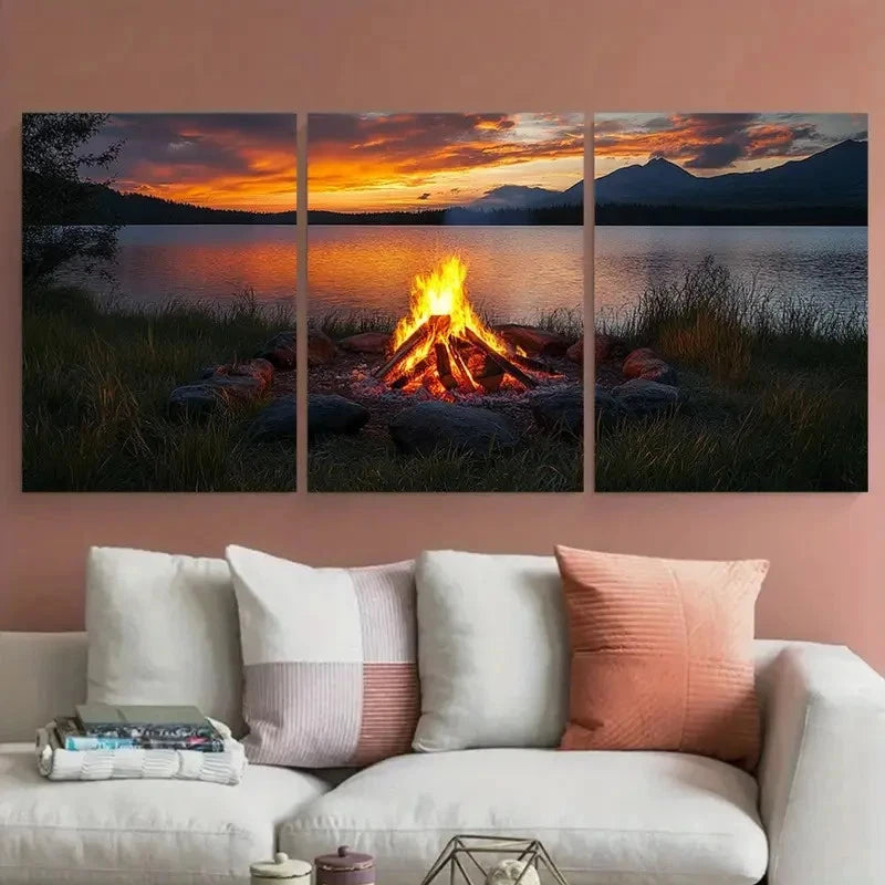 3pcs Bonfire Camping Illustration Metal Print Ready to Hang Art - Bella Home Decor