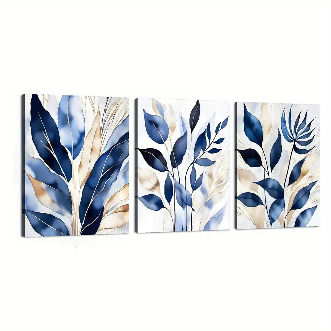 3pcs Botanical Abstract Elegant Blue Leaves Wall Art Set Canvas Unframed - High Quality Print 100% Australian Made Wall Canvas - Bella Home Decor