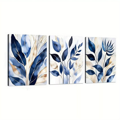 3pcs Botanical Abstract Elegant Blue Leaves Wall Art Set Canvas Unframed - High Quality Print 100% Australian Made Wall Canvas - Bella Home Decor