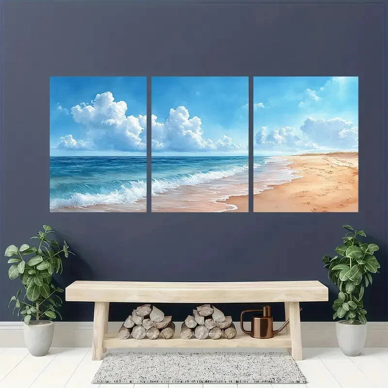 3pcs Serene Ocean Waves & Sandy Shores Watercolor Metal Print Ready to Hang Art - Bella Home Decor
