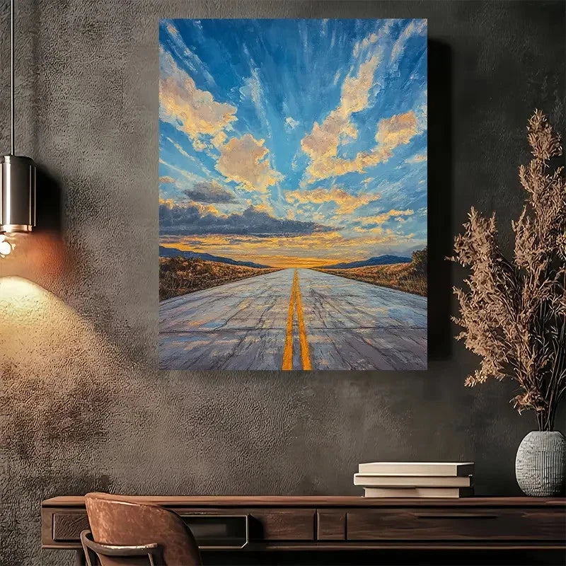 Beautiful Modern Vintage Road Sunset Painting 40x60cm Metal Print Ready to Hang