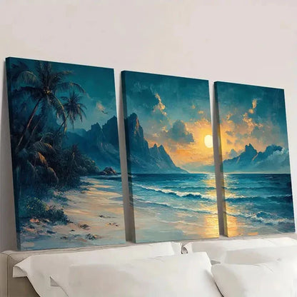 3pcs Tropical Beach Scene with Palm Trees T  Wall Art Set Canvas Unframed - High Quality Print 100% Australian Made Wall Canvas - Bella Home Decor
