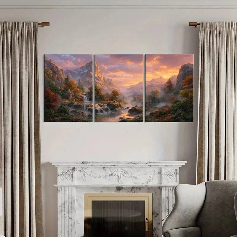 3pcs Autumn Mountain Landscape Waterfall Scenery Metal Print Ready to Hang Art - Bella Home Decor