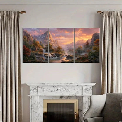 3pcs Autumn Mountain Landscape Waterfall Scenery Metal Print Ready to Hang Art - Bella Home Decor