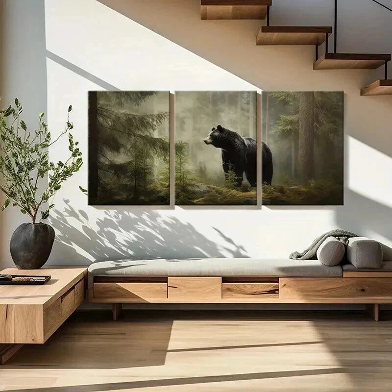 3pcs Majestic Black Bear In Misty Forest Wall Art Set Canvas Framed 50x70cm - High Quality Print 100% Australian Made Wall Canvas Ready to Hang - Bella Home Decor